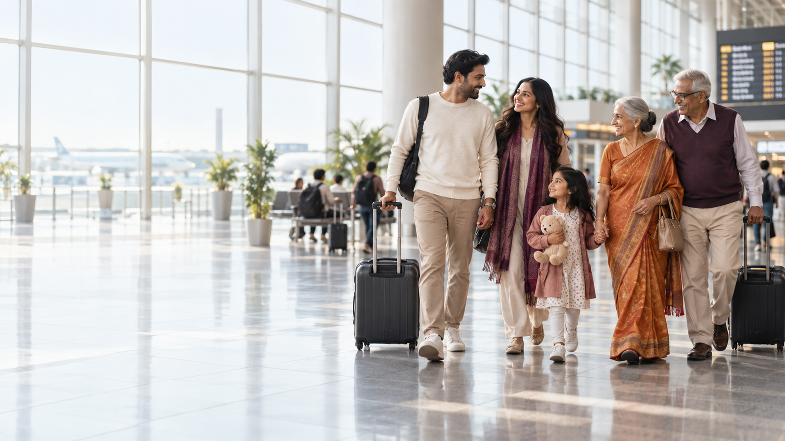 Family beginning their international journey at an airport